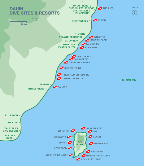 Kaart van de duiksites en resorts langs de kust van Dauin en rond Apo Island